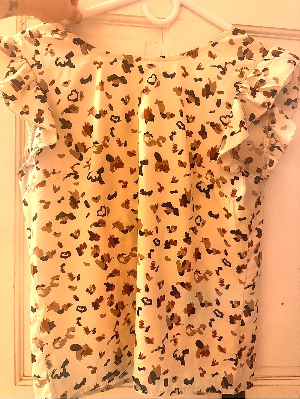 Leopard Sketch Smocked Top Blouse Cream & Brown
